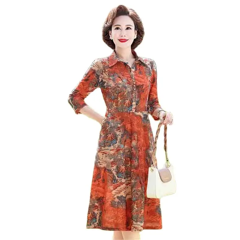 

Fashionable And Loose Mom's Spring Long-sleeved Shirt Collar Floral Casual Dress Is Llim And The Long Ladies' Thin Skirt 5XL