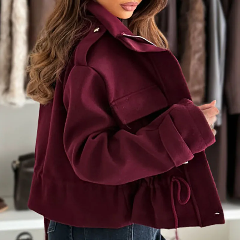 

Cowboy Style Vintage Long Sleeve Stand Collar Jacket Autumn Winter New Women Button Commute Coat Leisure Lace Up Slim Streewear