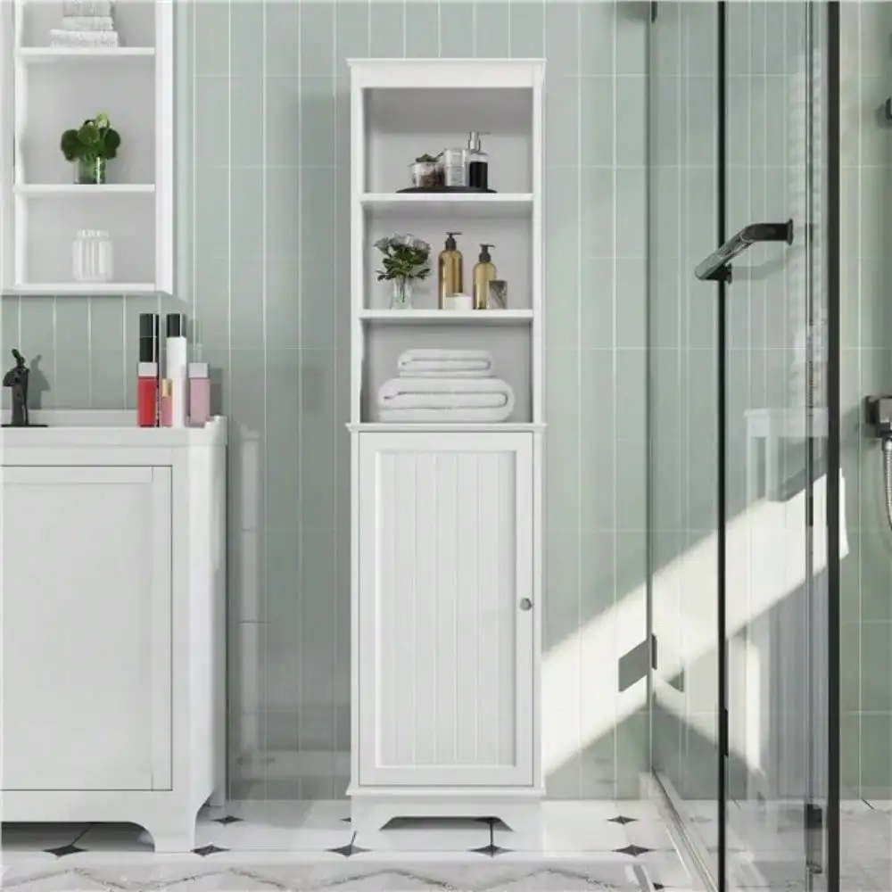 Tall Bathroom Floor Cabinet with 3 Shelves and Single Door, Narrow Linen Cabinet