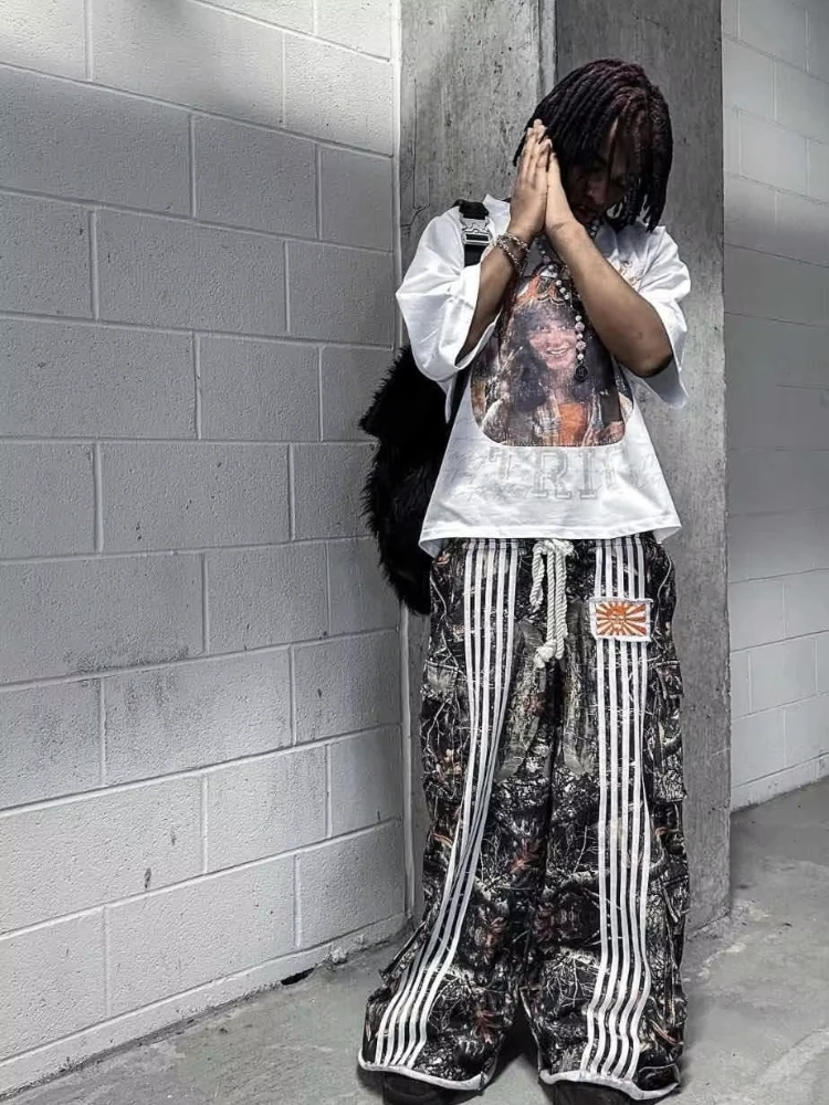 2025 American Retro Street Workwear, Double Waist Pants, Loose Wide Leg Pants With Camouflage Stripes For Heavy Industry
