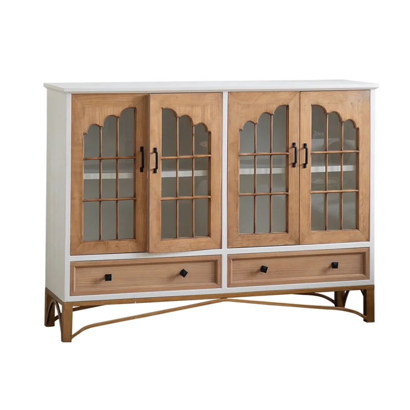 

French solid wood retro dining side cabinet, living room glass door wine cabinet, wall-mounted storage cabinet, study bookcase