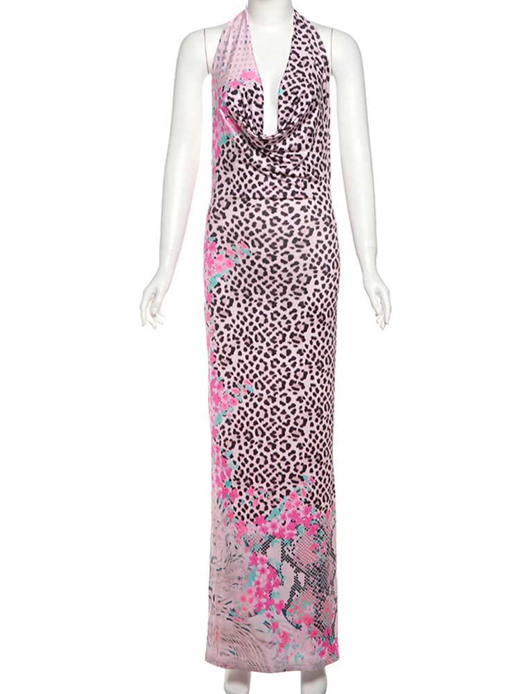 แปลกPussเสือดาวพิมพ์ชุดผู้หญิงBackless Lace-Up Halter Patchwork SwingคอแขนกุดMidnight Clubwear Party vestidos
