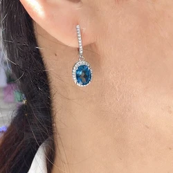 Total 2ct London Blue Topaz Drop Earrings 6mm*8mm Natural Topaz Jewelry Classic 925 Silver Gemstone Eardrop for Party