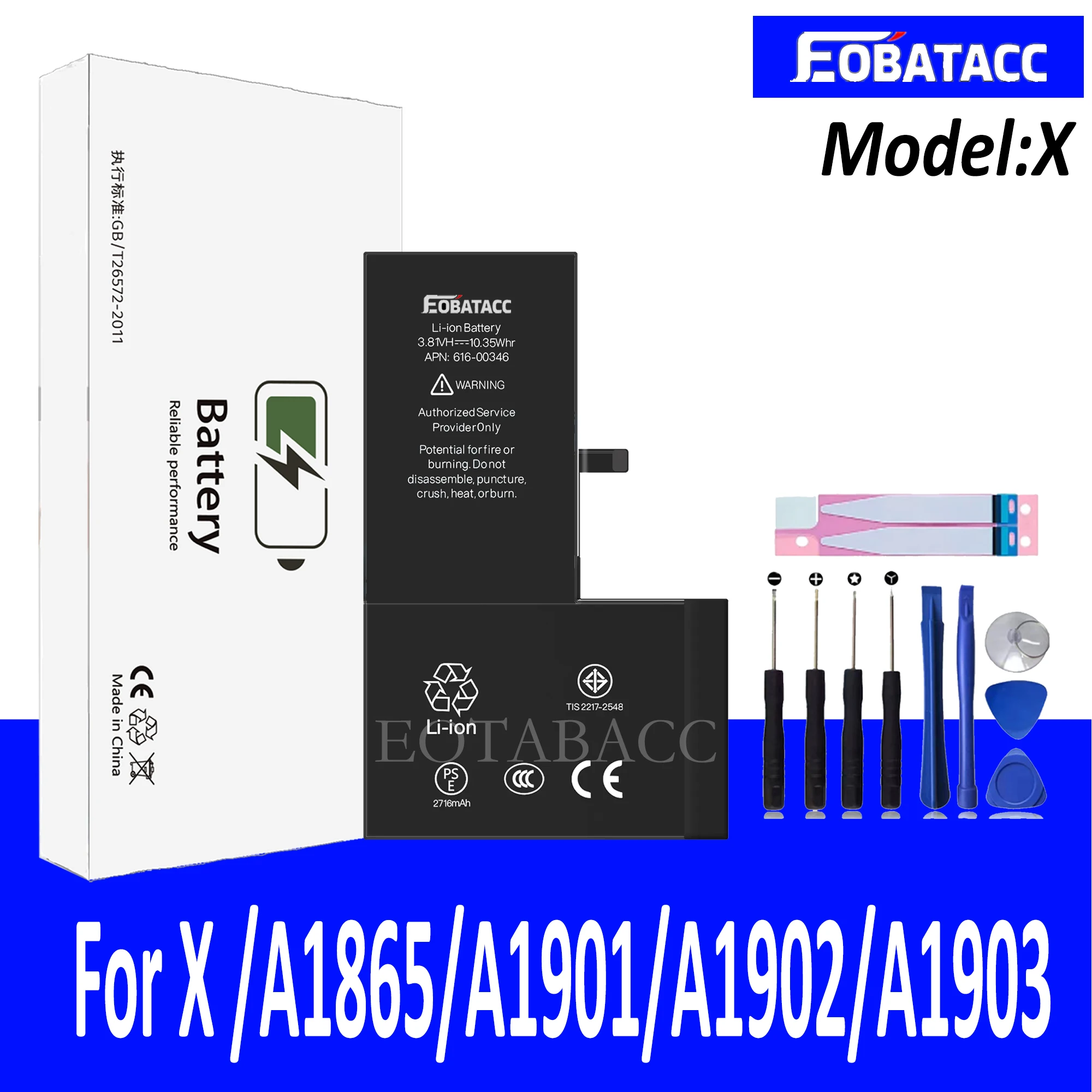 EOTABACC High Quality 100% Original Battery  For iPhone X A1865 A1901 A1902 A1903 Phone Battery+Tools
