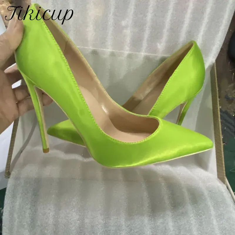 حذاء Tikicup نسائي جديد من الساتان الأخضر النيون بمقدمة مدببة وكعب عالٍ، حذاء بكعب ستيليتو لامع أنيق، حذاء رسمي جذاب للحفلات