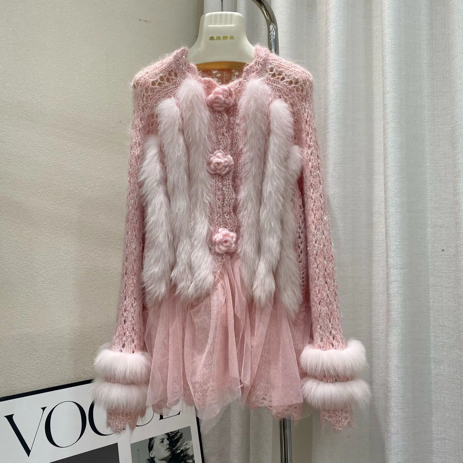 Women 2025 Autumn Winter New Princess Style Faux Fur Splicing Sweater Fur Coats Female Hollow Out Mesh Gauze Knitted Cardigan