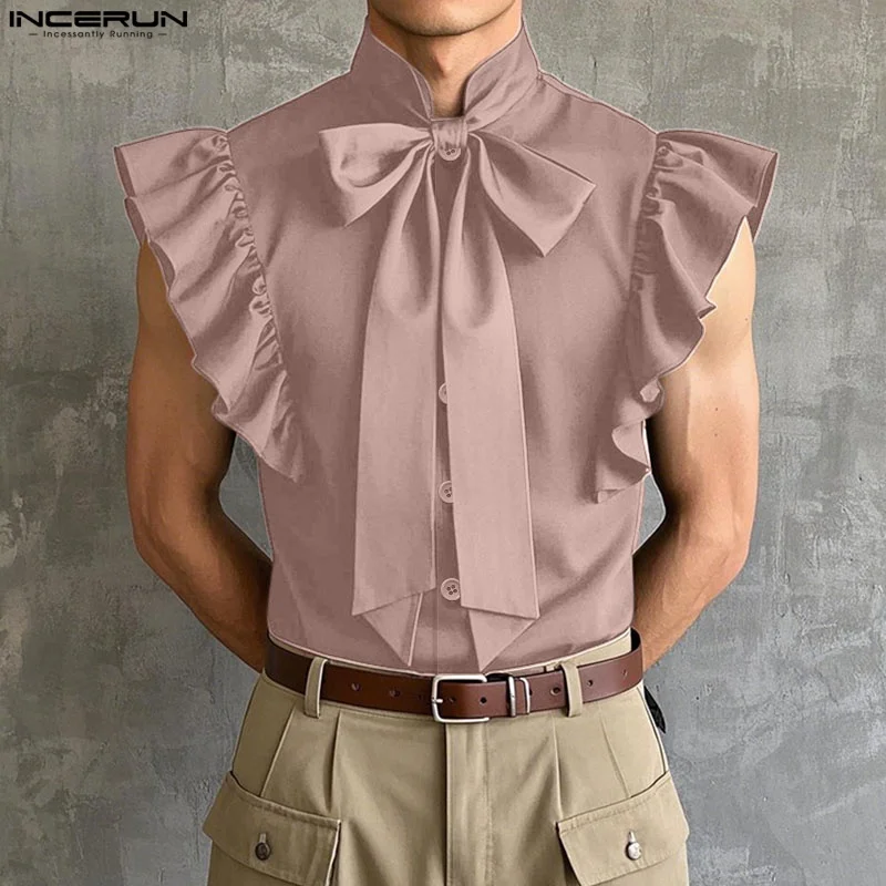 

INCERUN Men Shirt Solid Color Stand Collar Sleeveless Ruffle Lace Up Tops Unisex Shirts 2025 Fashion Men Clothing Streetwear