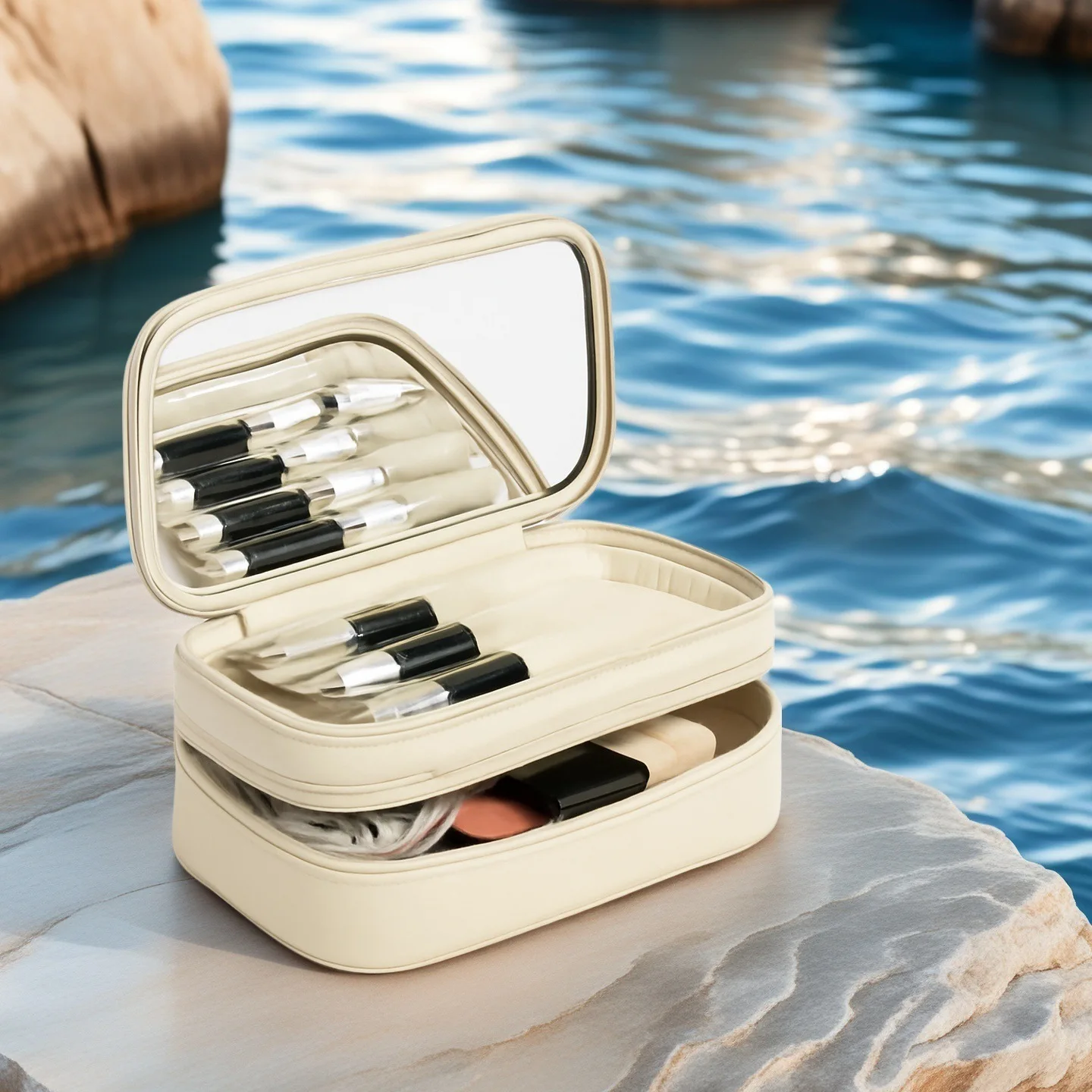 حقيبة مكياج للسفر بطبقة مزدوجة مع مرآة وحامل فرشاة، حقيبة أدوات الزينة المحمولة لتنظيم مستحضرات التجميل بسعة كبيرة