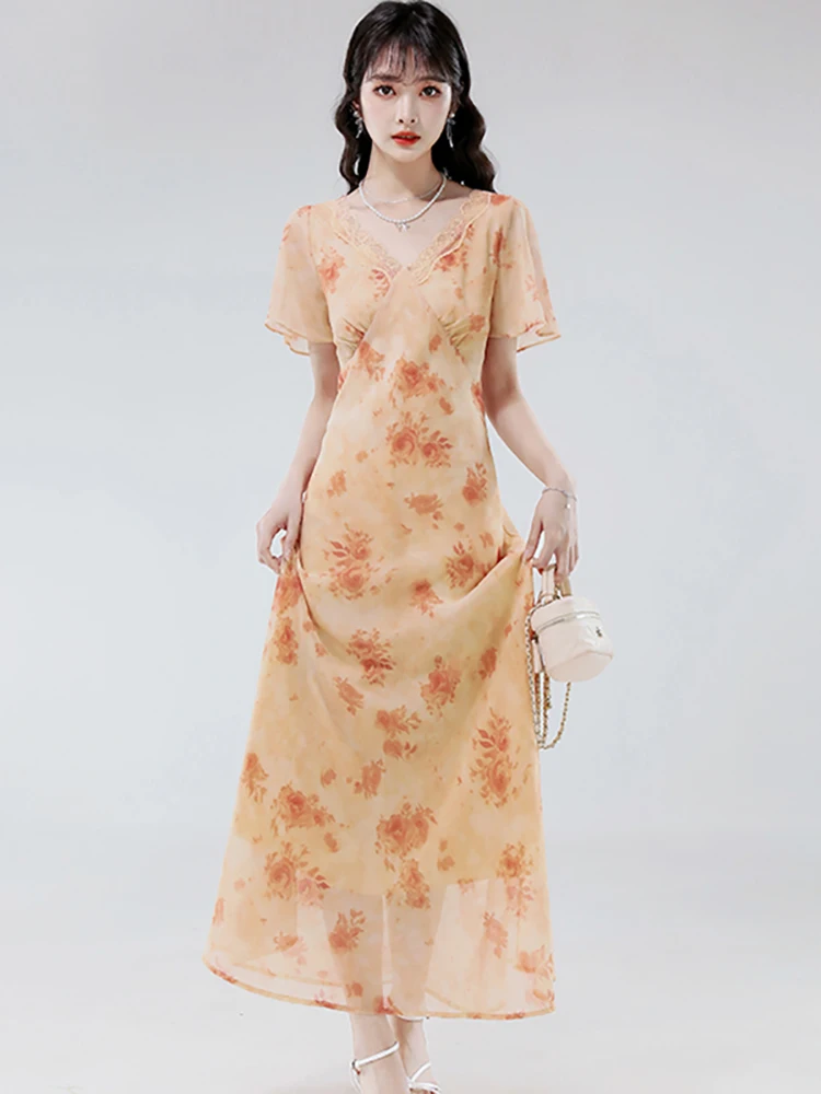 

2025 New Elegant Casual Holiday Dress Summer Green Floral Chiffon Lace V-Neck Long Dress Women Korean Bodycon One Piece Dresses