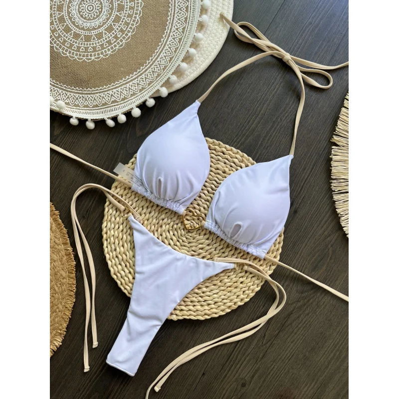 2025Popular Nylon White Love Bikini Suit Low Waist Lace-up Fashionbiquini