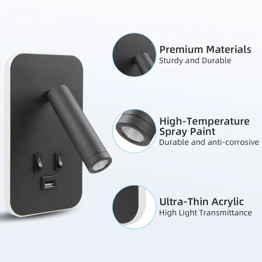 مصباح حائط للقراءة مع مصباح جداري بجانب السرير قابل للدوران USB 13 وات، مفتاح مزدوج، أضواء LED لغرفة النوم #4