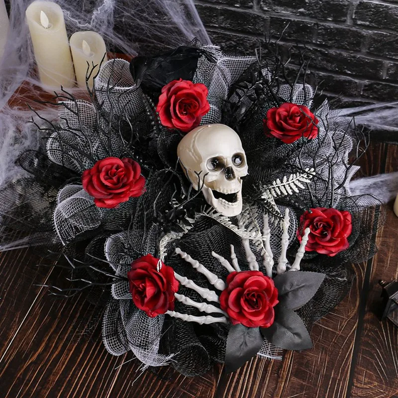 

Halloween Rose And Skull Tulle Wreath Adjustable Headband Halloween Wreaths For Front Door For Party Costume