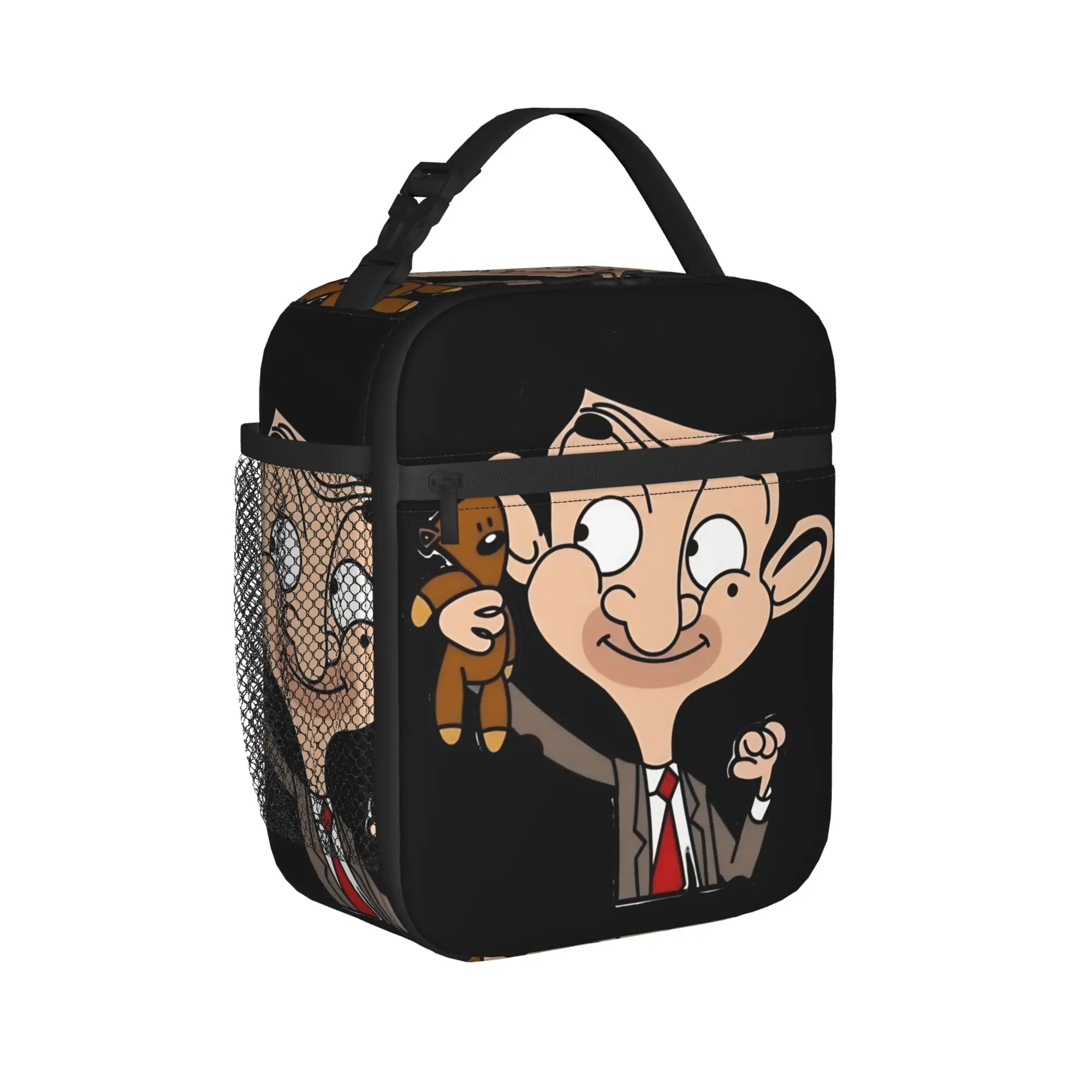 Cartoon Mr Bean Hold Teddy Bear Cute Sticker Style Print Lunch Bag Retro Picnic Lunch Box Print Convenient Cooler Bag