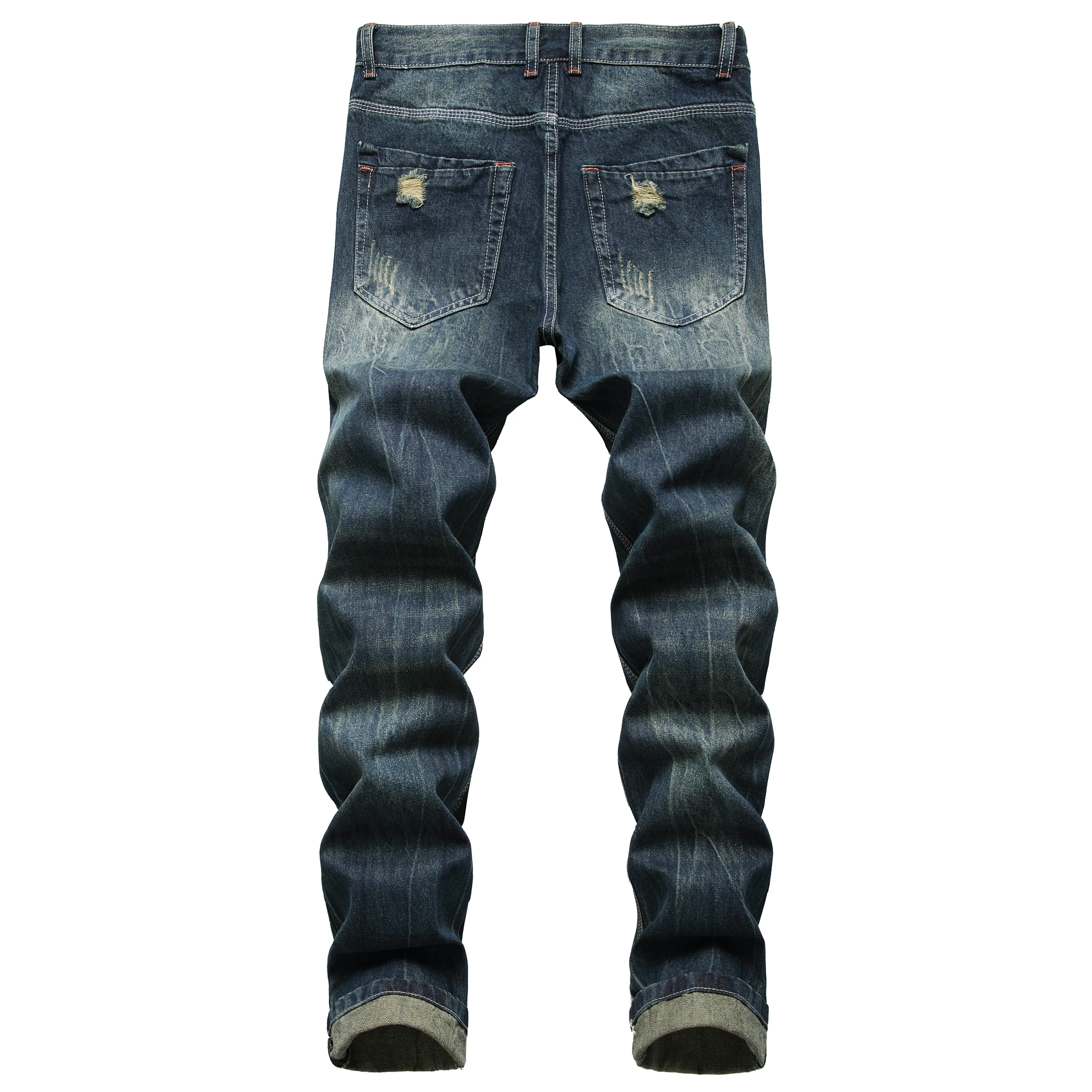 Jeans jeans masculinos com furos: cintura azul escuro com ajuste reto e sem estiramento, jeans longos estilo retrô 928