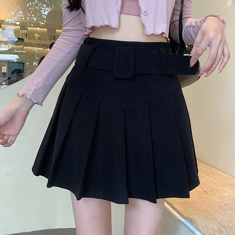 Deeptown Corduroy Skirt Elegant Women Sexy Sweet Pleated Mini Skirt Preppy Style Autumn Winter Casual A-line Solid Short Skirts