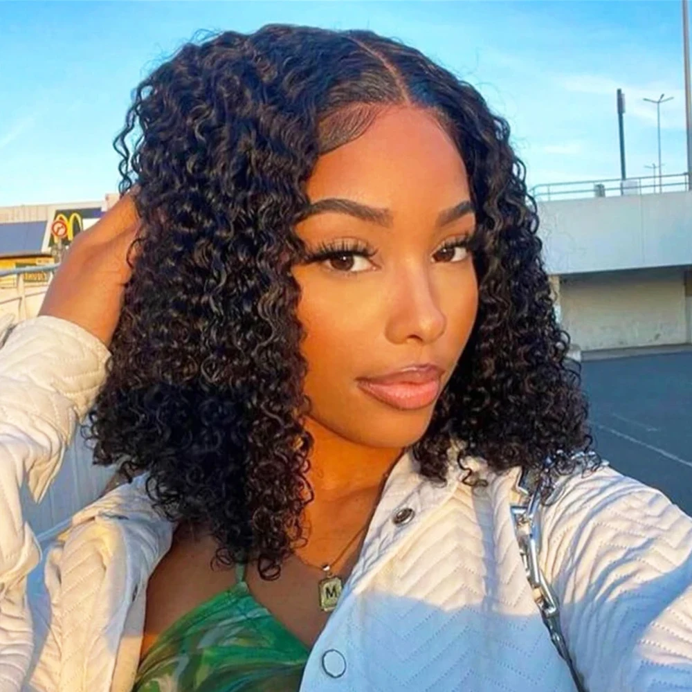 

250% Плотность Бразильский Короткий Вьющийся Боб 13x4 HD Парики Фронта Шнурка Человеческих Волос Предварительно Сорванные Глубокие Волны Бесклеевые Парики Фронта Шнурка Женщины