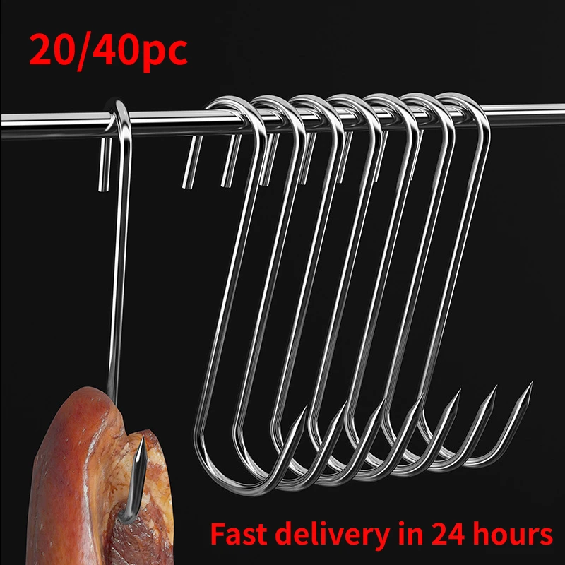 

20/40Pc Stainless Steel S Hooks with Sharp Tip Utensil Meat Clothes Hanger Hanging Hooks for Butcher Shop Kitchen Baking Tools