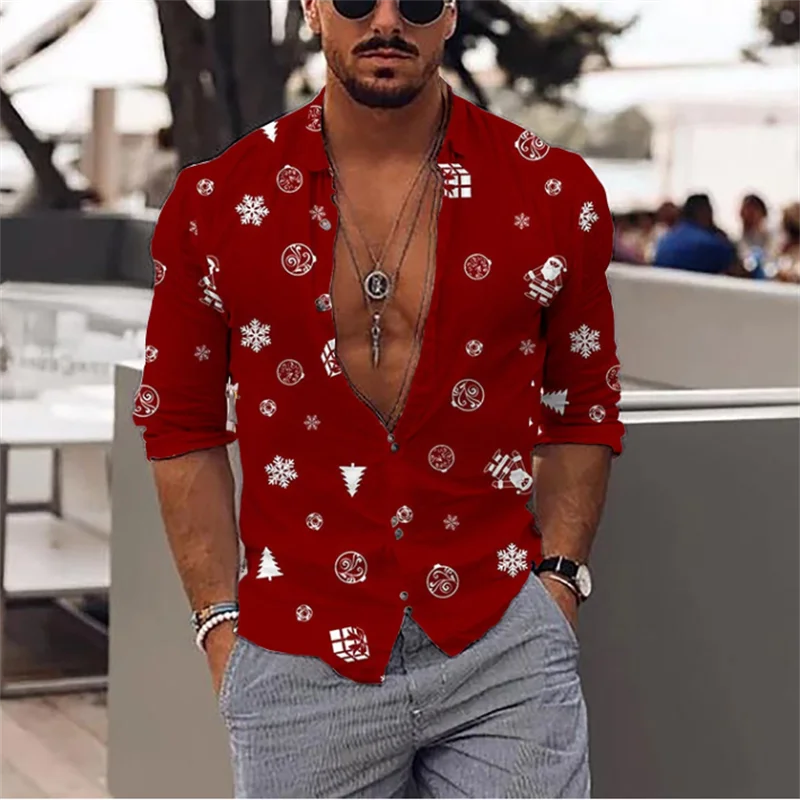 New 2023 Fun Christmas Theme 3D Printing Men\'s Party Shirts Casual Long Sleeve Dress Tops Unisex Holiday Shirts Christmas Gifts