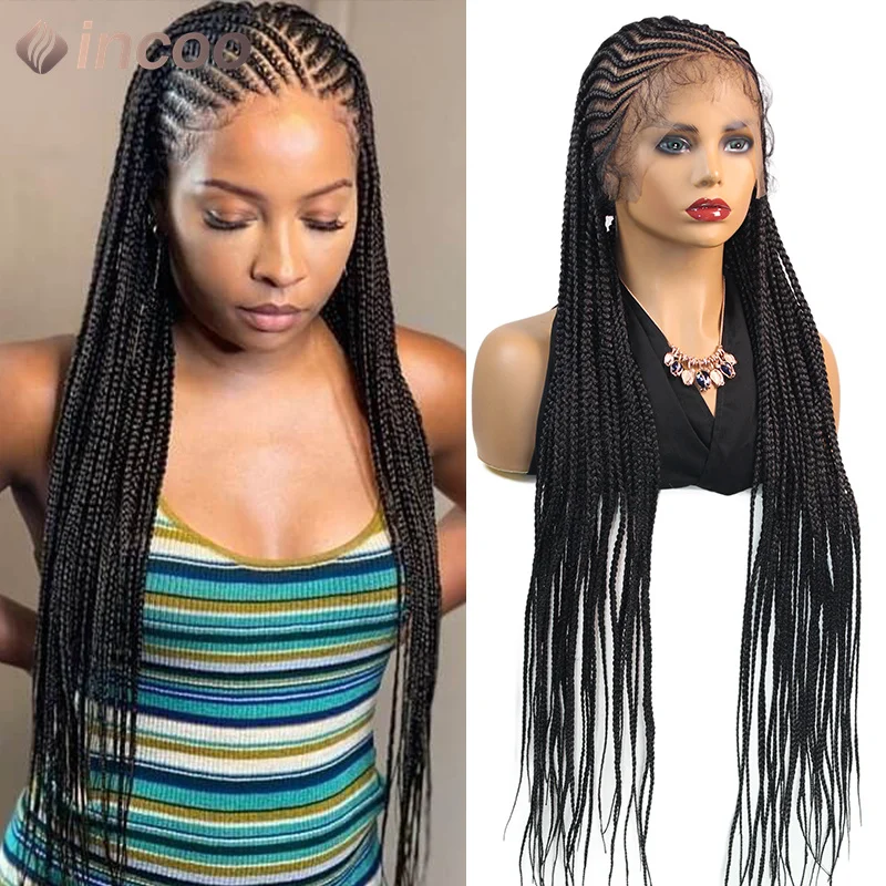 36" Cornrow Box geflochtene Perücken synthetische Vollspitze-Front-Perücken für Frauen knotenlose Zöpfe Perücke mit Babyhaar handgemachte Flechtperücke