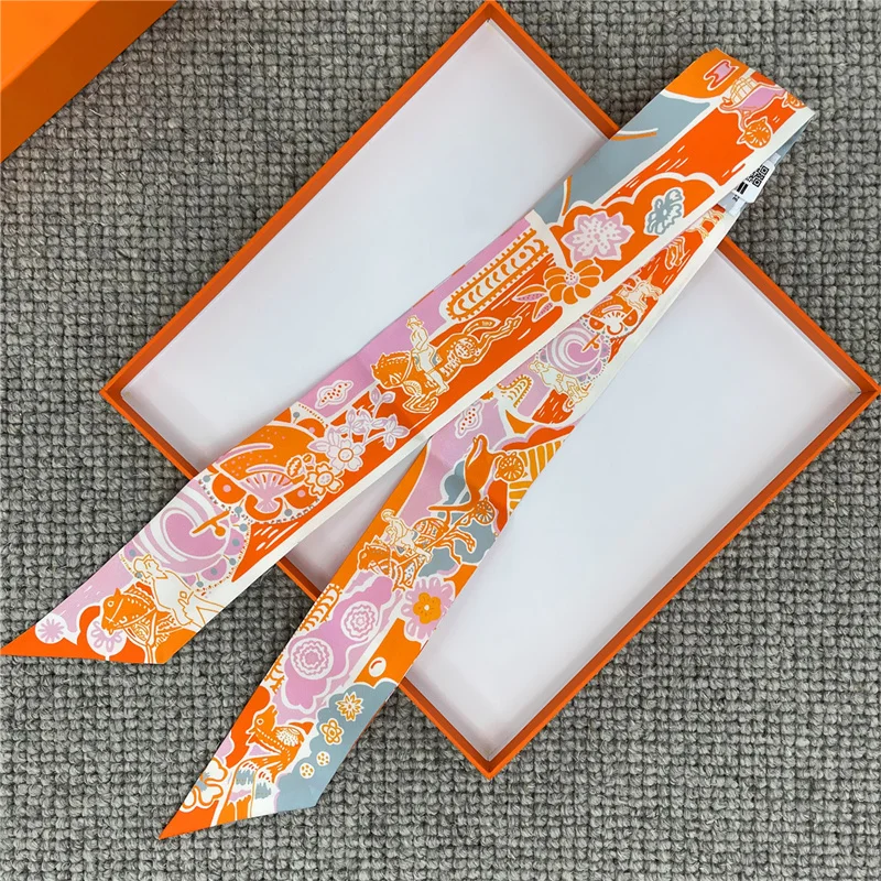 POBING Spain Print 18m/m Twill Silk Scarves Women Luxury Brand Scarf Bag Ribbons Tie Head Scarf Small Long Skinny Scarf 86*5CM