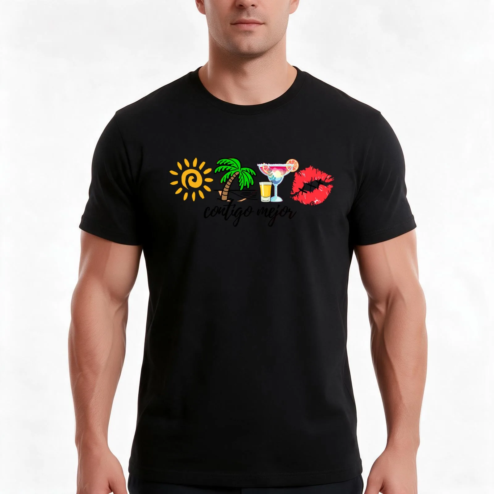 contigo mejior T-Shirt, Summer Casual Cotton Tee, Oversized Streetwear Tops, Vintage Graphic Print, Loose Fit Short Sleeve