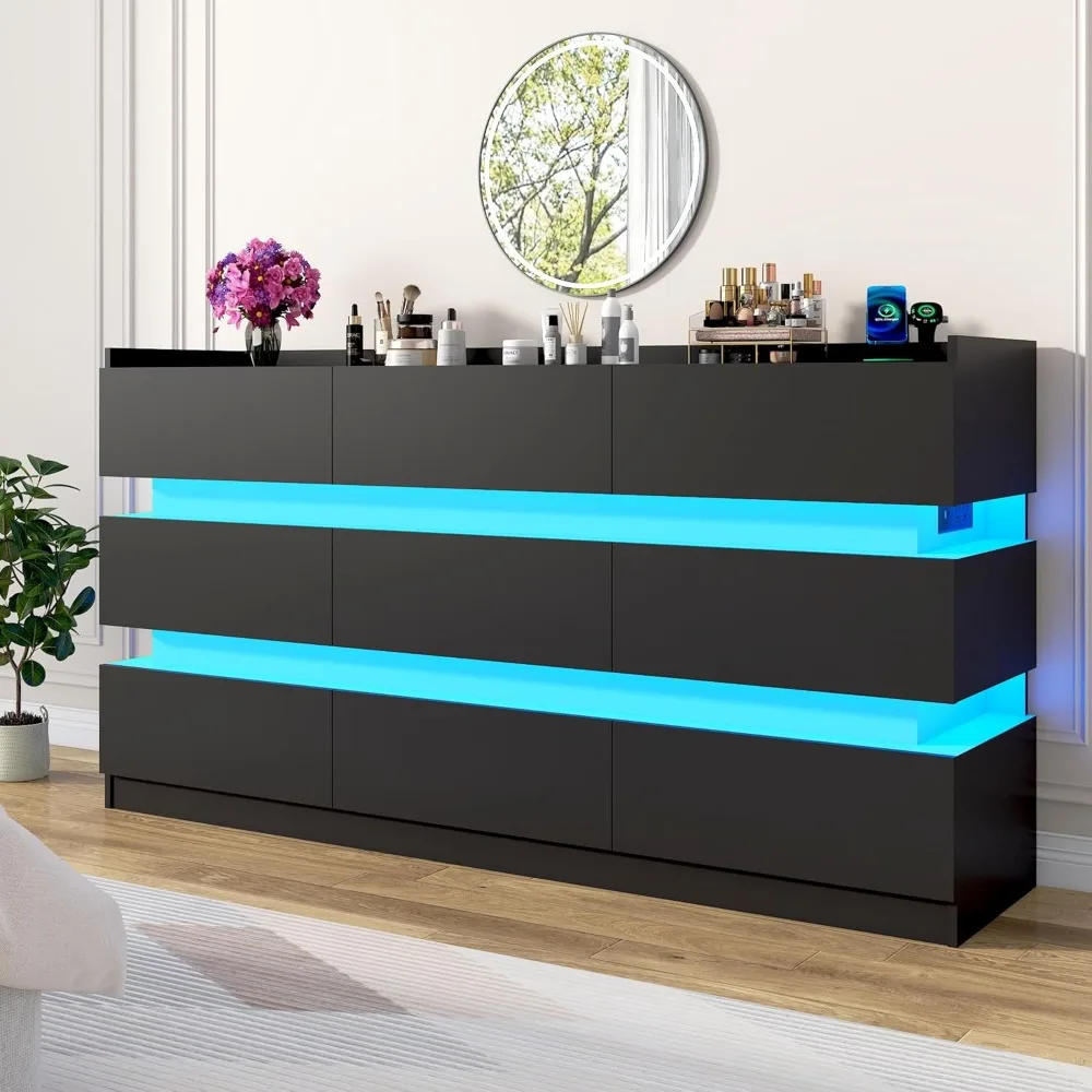 

9 Black Drawer Dresser for Bedroom, Modern Wooden Chest of Drawers with 6000-Colors LED Lighting,Power Outlets,Anti-Tipping Desi