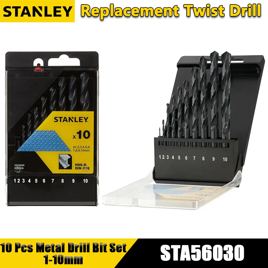 STANLEY STA56030 10Pcs HSS-R Metal Drill Bit Set 1-10mm Stainless Steel Replacement Drill Bit Twist Drill Power Tool Accessories