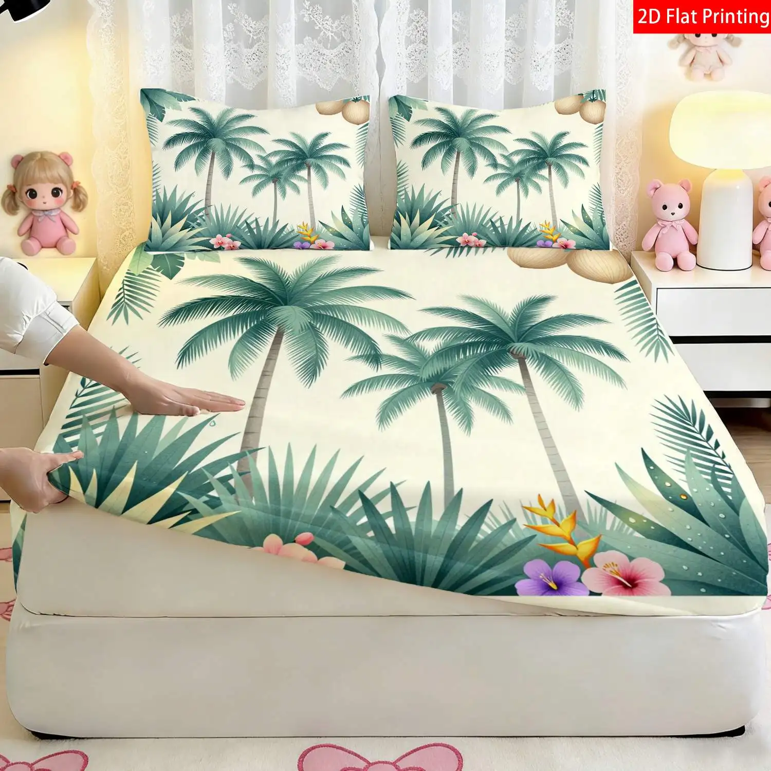 Three-Piece Set of 2D Digital Printed Bed Sheet and Pillowcase Set, Tropical Style with Palm Tree and Coconut Patterns, Available in Various Sizes, Suitable as a Gift. Three-Piece Bedding Set (Includes 1 Fitted Sheet + 2 Pillowcases), Large Capacity Deep Bed Cover, Fitted Sheet Style with Elastic Band, Protective Cover, Mattress Protector, Machine Washable Design, Holiday Decoration, Various Sizes, Breathable Protective Cover Plus Pillowcase