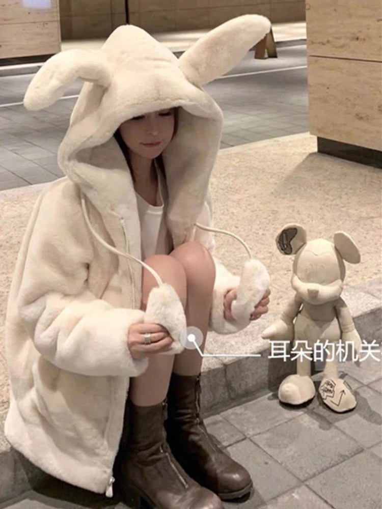 Autumn and winter fluffy jacket with rabbit ears raglan sleeve zipper Oversize light soft harajuku kawaii faux fur hoodie 2024