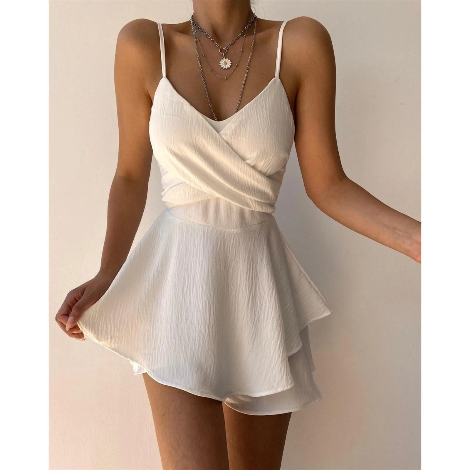 Women's Dress Solid Color Suspender V-Neck Sexy Mini Short Dress Summer Formal Female Sexy Vestidos Summer Beach Sundress