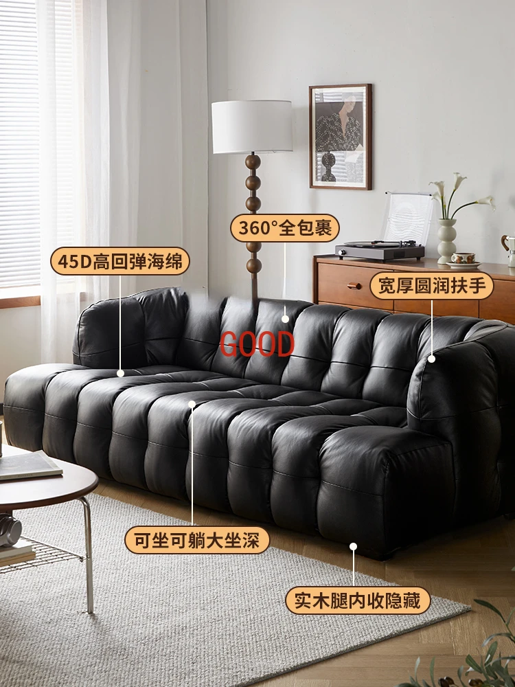 

Mid-Ancient Leather Cotton Candy Sofa Living Room Straight Row Small Apartment First Layer Cowhide Black Double Sofa