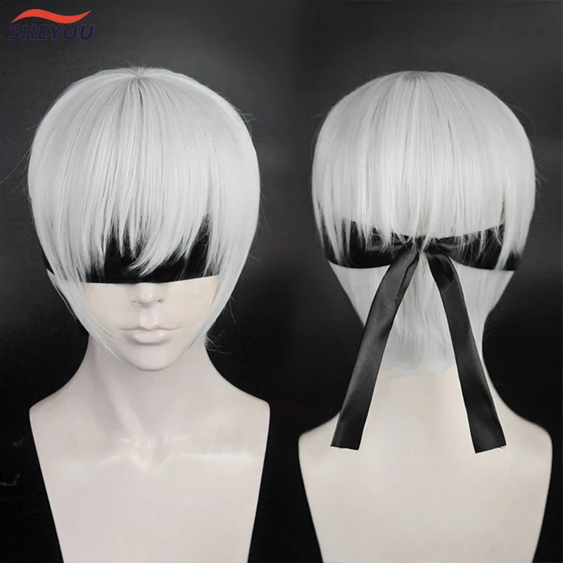 NieR:Automata 9S YoRHa No.9 Model S Wistalia Short Silver White Heat Resistant Cosplay Costume Wig (not include eye patch)