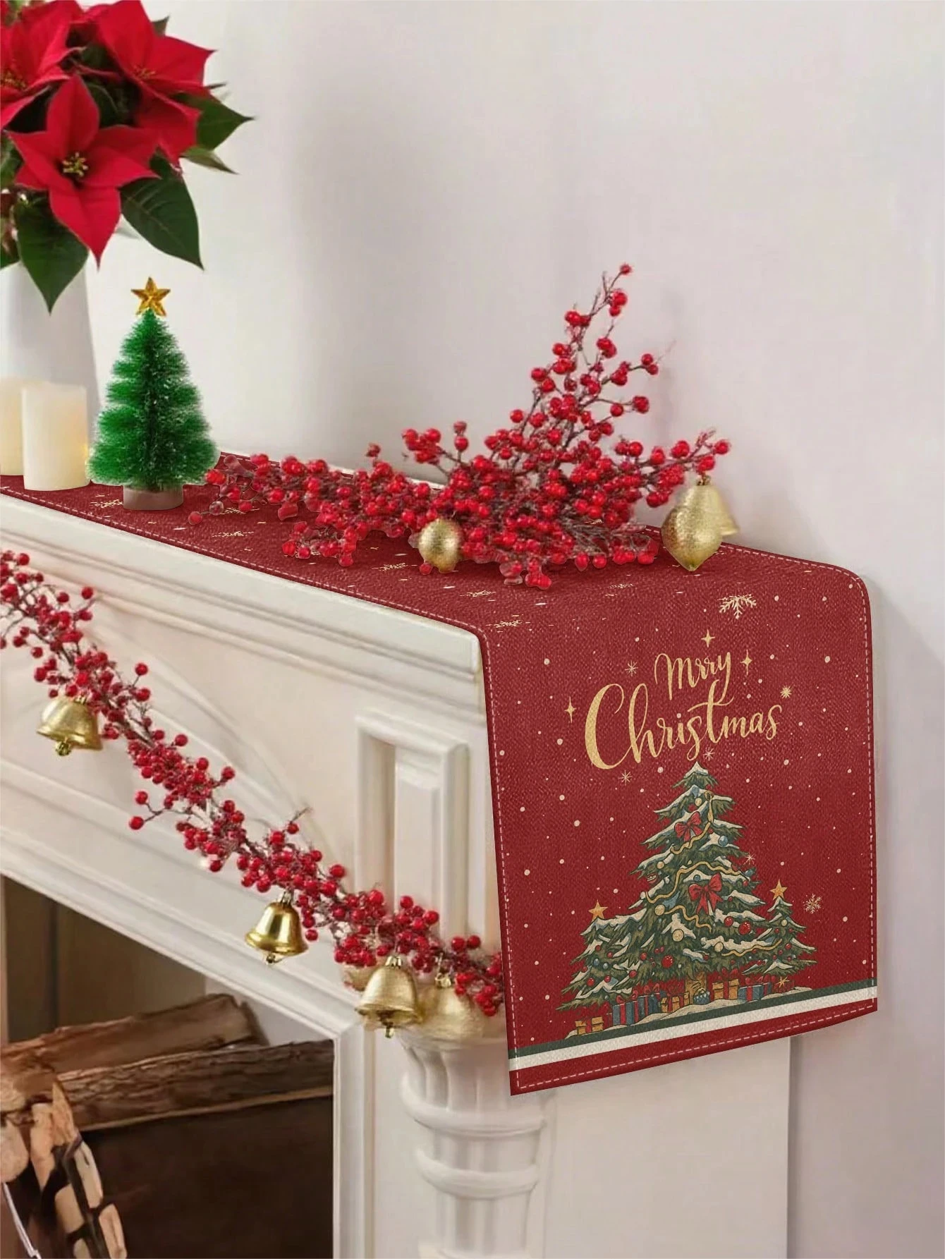 JIT Camino de mesa navideño rústico de invierno Diseño navideño de país y bosque, tela de lino suave para decoración festiva de comedor de invierno