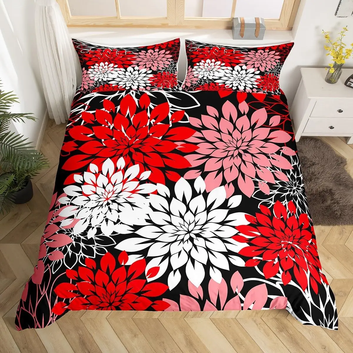 Dahlia-Blumen-Bettbezug, komplettes Queen-Size-Set, abstraktes florales Bettwäsche-Set, luxuriöser Boho-Bettbezug mit nationalen Blumen, Bauernhaus-Dekor