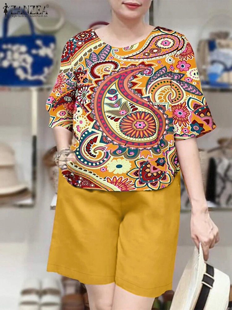 

ZANZEA Causal Commute Short Sets Womens Elastic Waist Shorts Summer Floral Print Short Sleeve Blouses 2PCS Outfits 2 Piece Sets