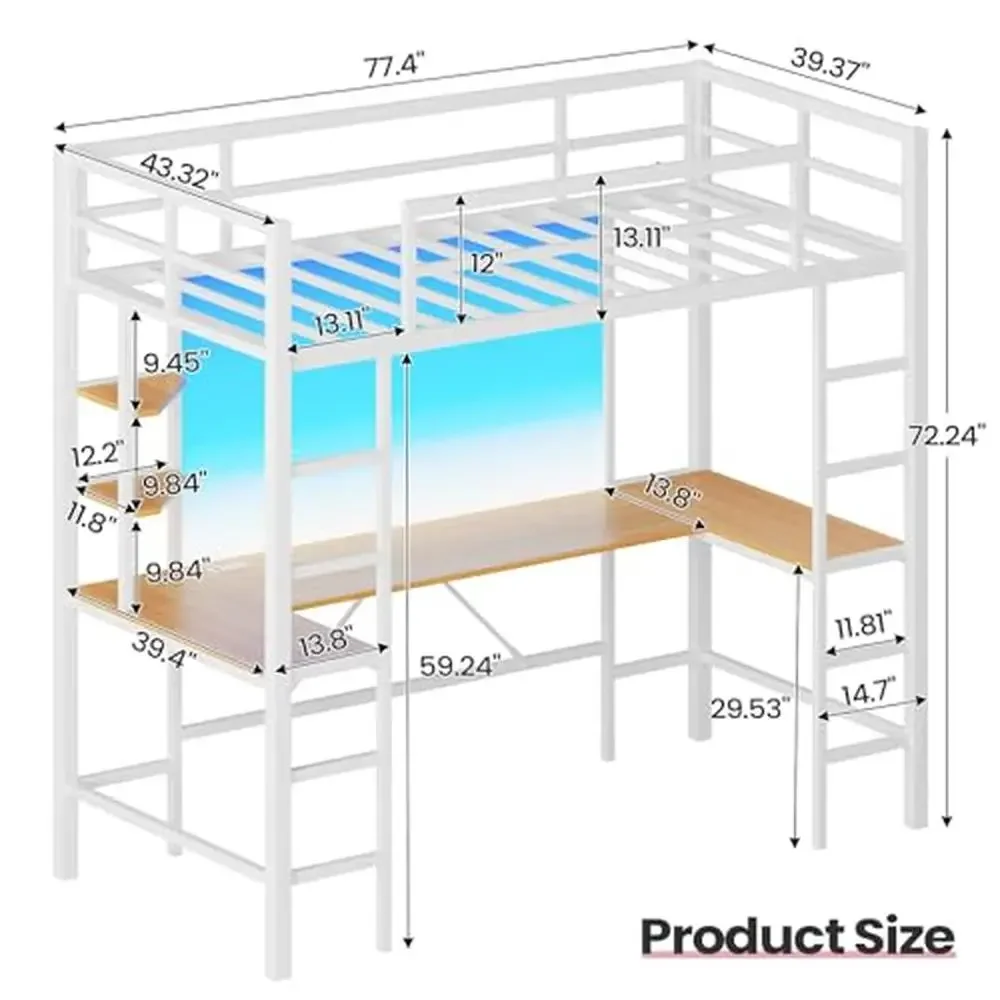 Twin Loft Bed with U-Shaped Desk Charging Station LED Lights Open Shelves Safety Guardrails Sturdy Steel Frame Easy Assembly image 2