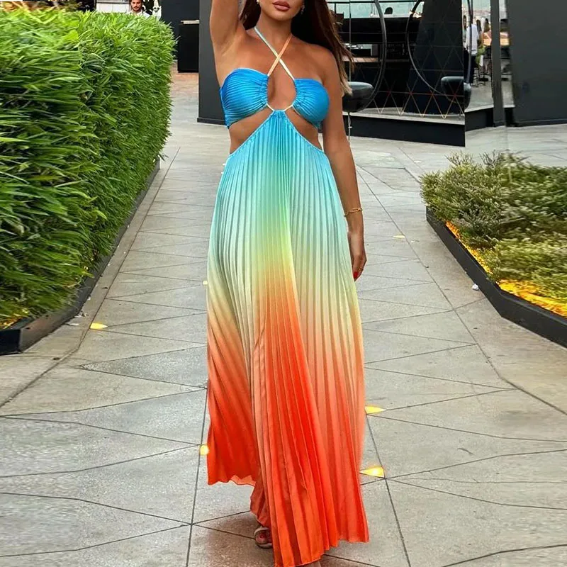 Summer Hollow Halter Pleated Holiday Dress Casual Gradient Print High Waist Party Long Dress Female Sleeveless Slim Beach Dress