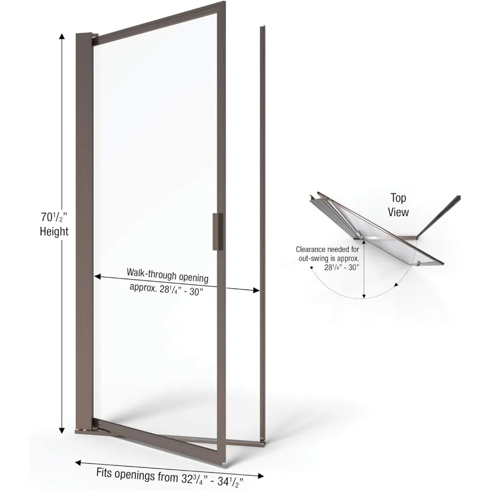 Shower Door, 32.75-34.5 in. Wide, Clear Glass, Burst Resistant Film, with Handle, Stainless Steel Frame,Shower Door for Bathroom