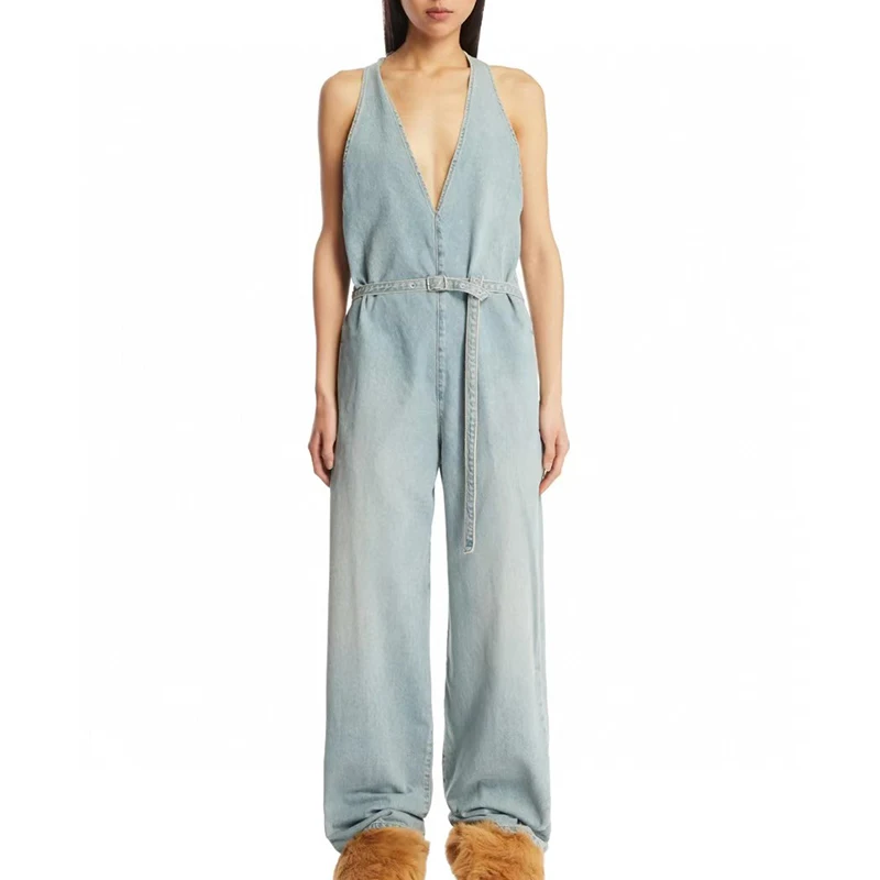 

Women's denim backless pants, fashionable and versatile jumpsuit, high quality cotton wide leg pants, summer, new, 2025