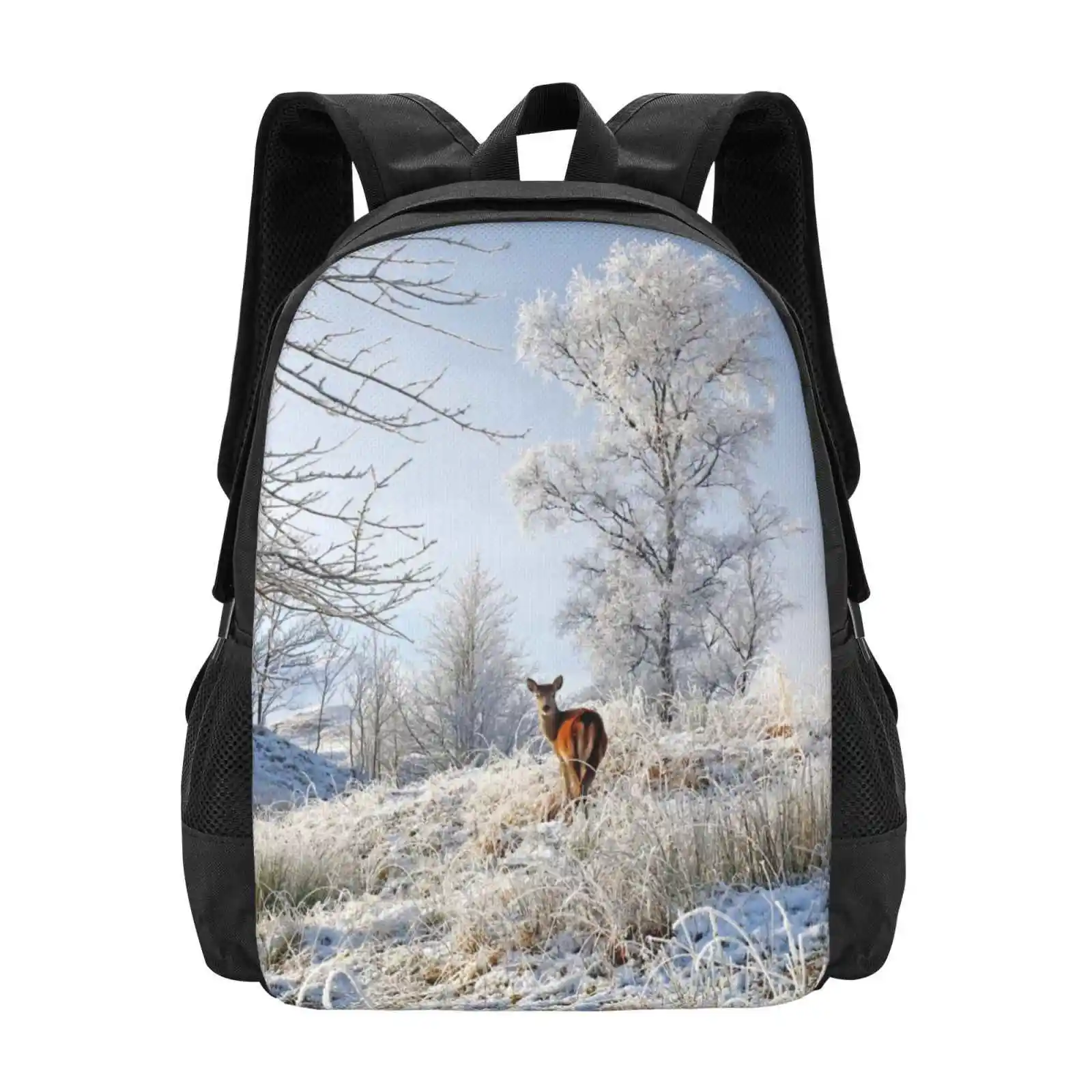 Glen Shiel Misty Winter Deer Hot Sale Backpack Fashion Bags Glen Shiel Winter Snowy Landscape Scotland Scottish Landscape