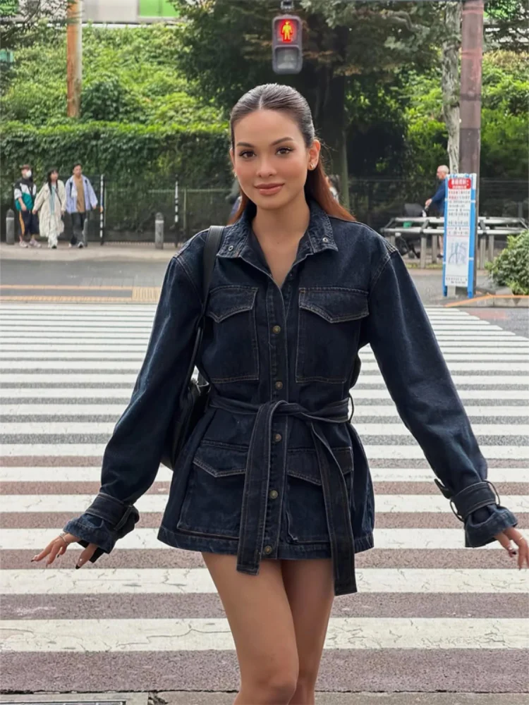Women Dark Raw Belted Mini Shirt Dress Stand Collar Multi Pocket Long Sleeves Denim Robes Lady Waist Tie Casual Gowns 2026 New