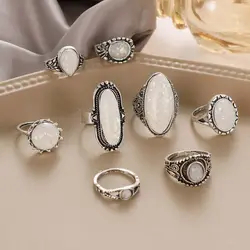 8 Pcs/set New Fashion Transparent White Opal Stone Carving Bohemian Jewelry Women Ring Sets Vintage Inset Joint Ring