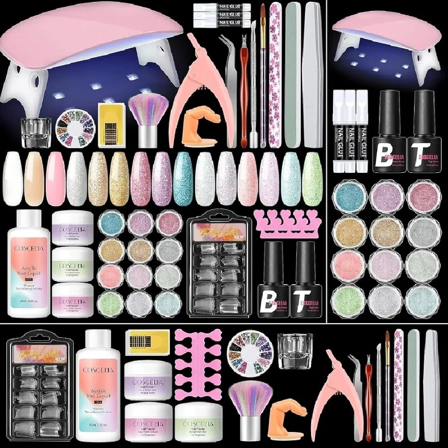 

Acrylic Nail Kit for Beginners with Everything Nude Pink Clear Acrylics Powder with u v Light Glitter Decorations Profional Nai