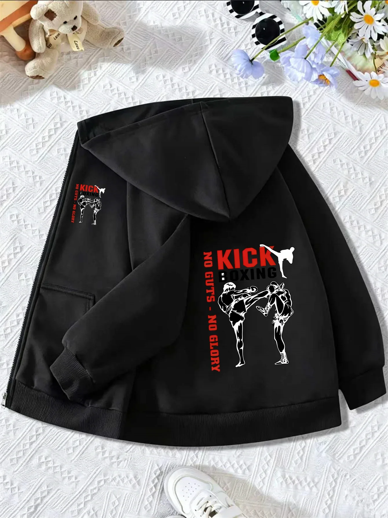 Kids Zip Up Hoodie Autumn Winter Fleece Lined Kickboxing Fighter Silhouette Print Hooded Sweatshirt Casual Warm Outerwear