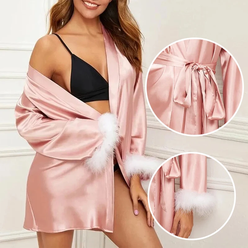 Sexy New Women\'s Plain Satin Long Robe Cardigan with Feather Cuffs and Waistband Loose and Comfortable Pajamas