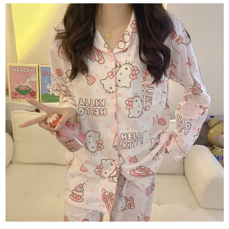 Cute Sanrio Hello Kitty Cinnamoroll Pajamas Set Kuromi for Woman Cotton Long Sleeve Sleepwear Suit Sexy Home Wear Clothes Girl