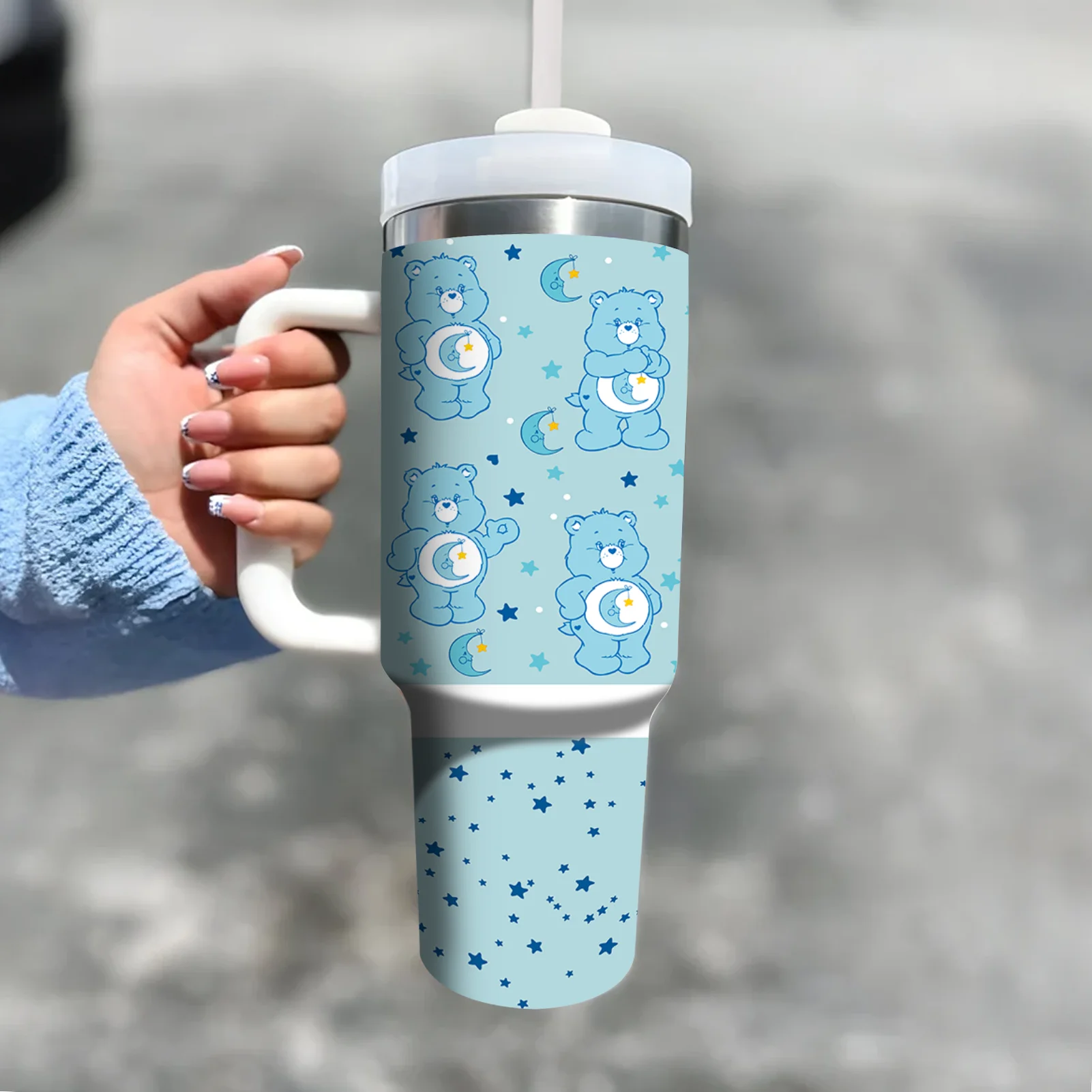 1pc 40oz Light Blue Moon Star Bedtime Care Bears Print Stainless Steel Tumbler with Handle Straw for Office Camping Daily Use