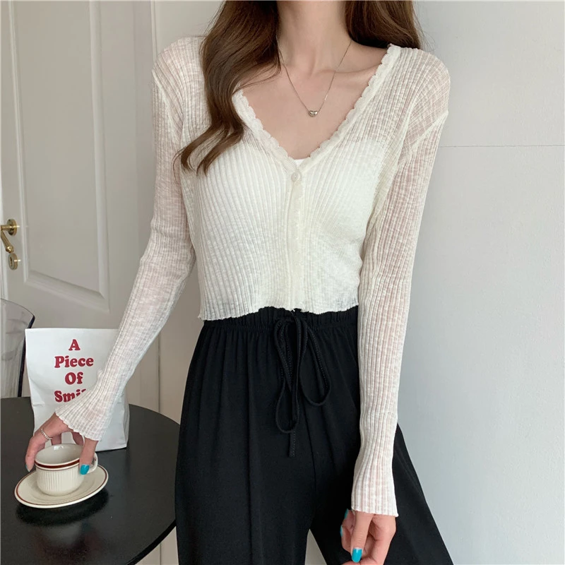 Sheer Ribbed Knit Cardigan with One Button Long Sleeve Crop Top Women Teen-girl Spring Summer Fairycore Outfit