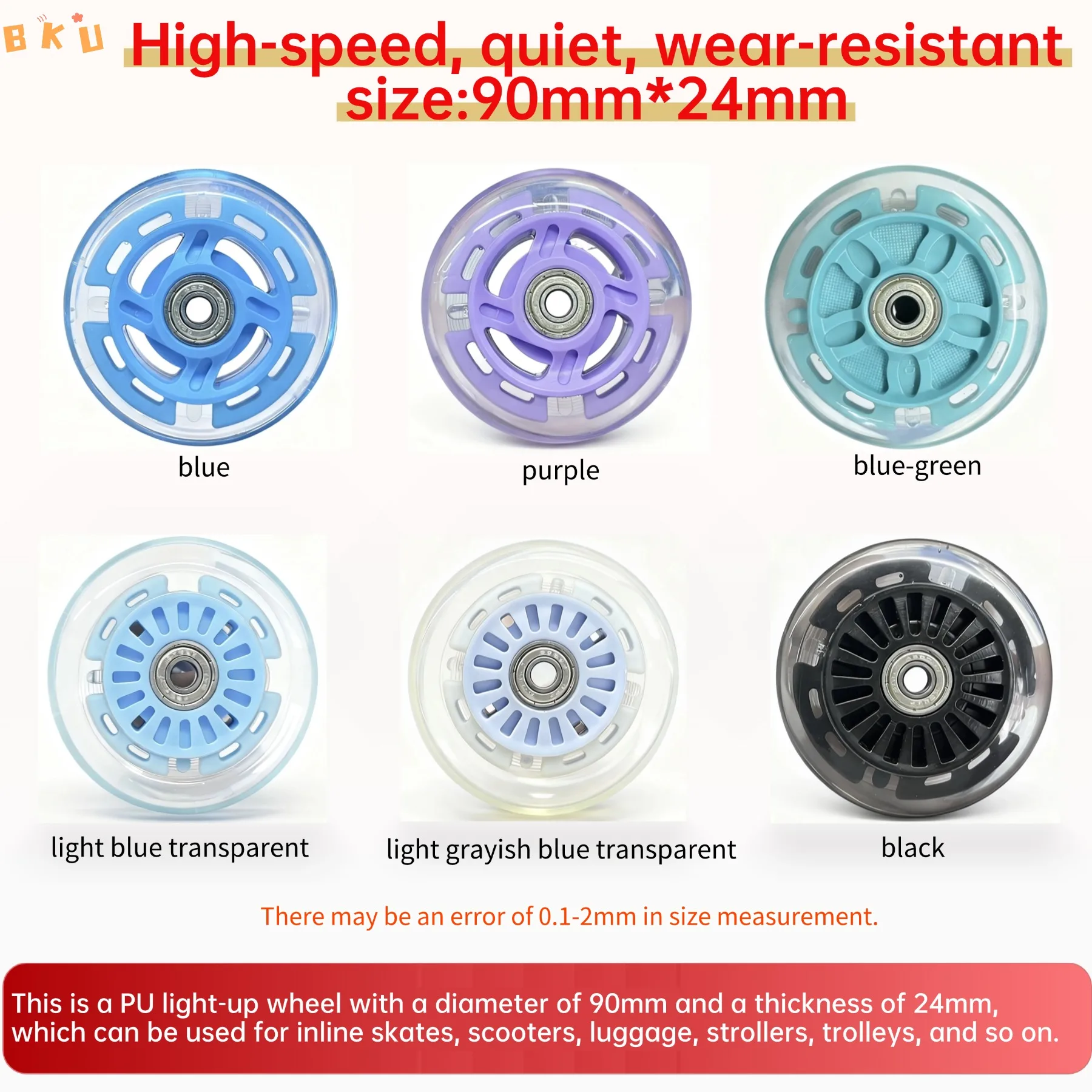 

2PCS 90mm (3.5 Inch) Flashing Replacement Wheels for Inline Skates, LED Light-Up Wheels for Scooters, Push Carts & Strollers