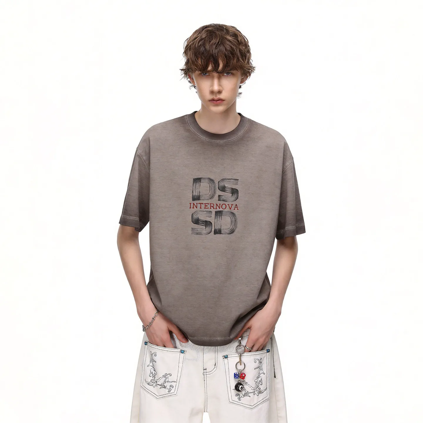 2026 Summer New American Street Style Men Brown Gray Green Letter Print Loose Casual Round Neck Short Sleeve Streetwear Tops